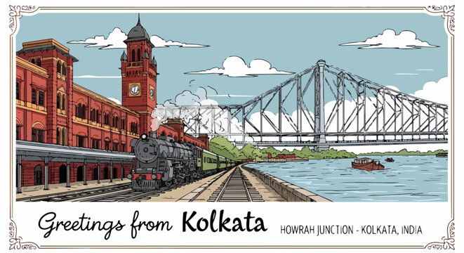 Ilustra&ccedil;&atilde;o vintage de Calcut&aacute;, &Iacute;ndia, mostrando a Esta&ccedil;&atilde;o Howrah Junction, um trem cl&aacute;ssico e a Ponte Howrah sobre o rio Hooghly.