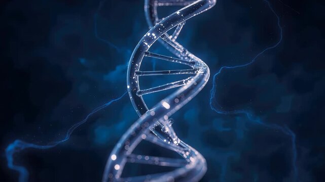 Transparent DNA double helix strand glowing blue light with shimmering molecular genetics