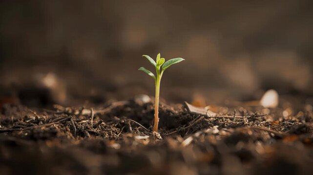 Young green seedling sprout emerging from rich soil in soft warm light symbolizing hopeful growth