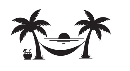 Tropical island getaway with palm trees and hammock silhouette illustration design for travel brochures and websites © Rulia