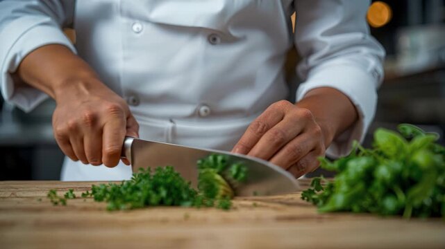 Chef chopping parsley and basil on wooden board with focused hands and knife
