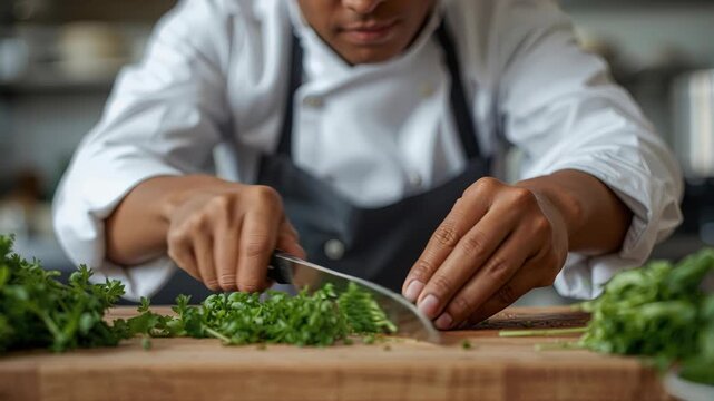 Chef chopping fresh parsley wooden board with focused hands and knife motion chef chopping fresh