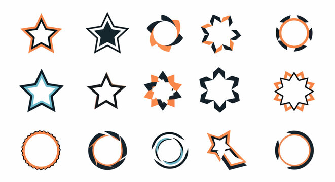 Sammlung moderner abstrakter grafischer Designelemente, darunter stilisierte Sterne und Kreise in Schwarz, Orange und Blau, ideal f&uuml;r Logos und Branding.