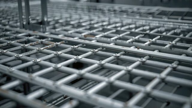 Metal steel lattice grid texture platform with shallow depth of field conveying moody industrial
