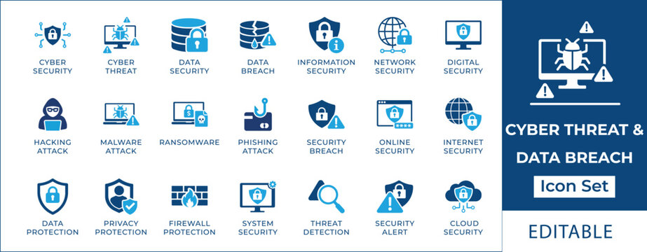 Cyber threat and data breach icon set featuring malware attack, ransomware, phishing, hacking, security breach, information safety, and digital privacy protection symbols.
