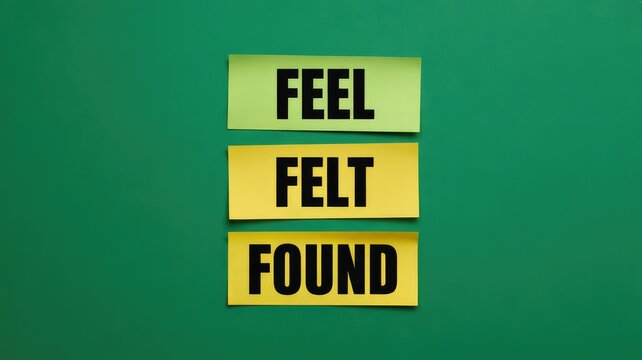 Three simple words feel felt found written on colorful sticky notes against a vibrant green background display