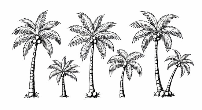 Set von detaillierten, handgezeichneten Palmen mit Kokosn&uuml;ssen im Skizzenstil, perfekte Vektorillustration f&uuml;r tropische Themen.