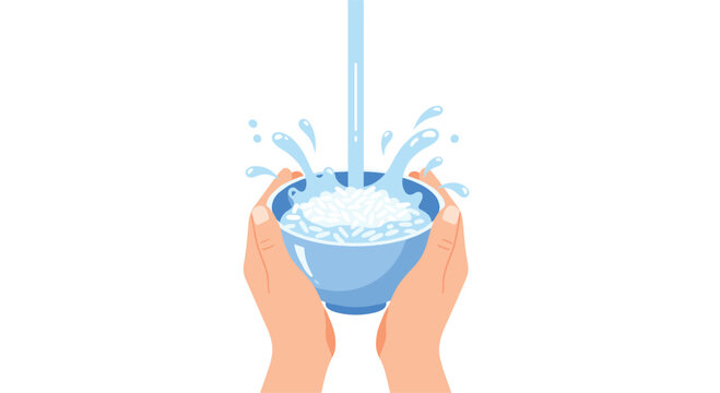 Two hands hold a blue bowl filled with white rice as a stream of water vigorously splashes into it on a clean white background.