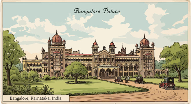 Historische Illustration des pr&auml;chtigen Bangalore Palastes in Indien, dargestellt im charmanten Vintage-Postkartenstil mit alten Autos und gr&uuml;ner Landschaft.