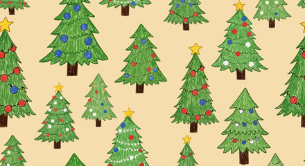 Fototapeta premium Nahtloses Muster aus handgezeichneten, festlich geschmückten Weihnachtsbäumen mit Sternen und Kugeln auf hellem Hintergrund für fröhliche Feiertagsdesigns.