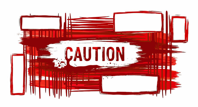 Banner di avviso "CAUTION" con sfondo rosso effetto pennellata grunge e cornici vuote, ideale per grafiche di pericolo o attenzione.