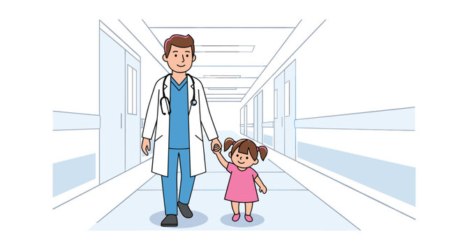 A friendly male doctor in a white lab coat walks hand-in-hand with a small smiling girl in a pink dress down a bright hospital hallway.