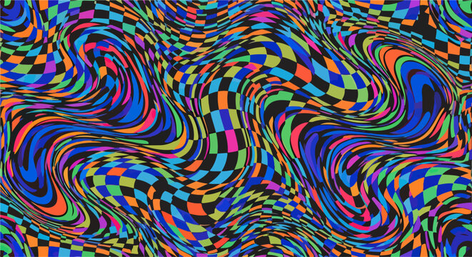 Sfondo astratto psichedelico con motivo a scacchiera vibrante e ondeggiante, creando un'illusione ottica dinamica e colorata.