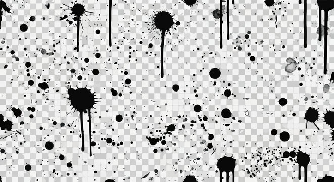 Schizzi e gocce di inchiostro nero su sfondo trasparente, creando una texture grunge astratta e dinamica per design moderni.