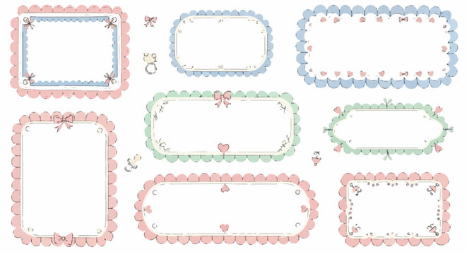 Set di cornici decorative pastello con bordo smerlato, cuori e fiocchetti, perfette per design carini e dolci.
