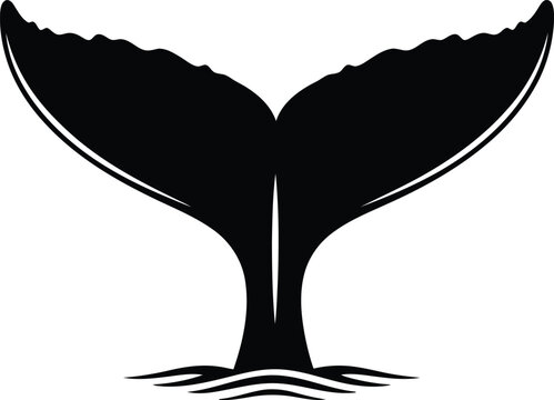 Black Whale Tail Silhouette Icon with Ocean Waves Isolated on White Background for Marine Design