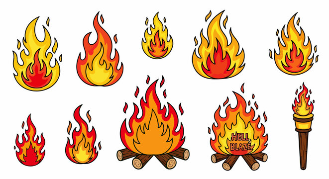 Set di icone vettoriali con fiamme di fuoco stilizzate, fal&ograve; e torcia accesa in stile cartone animato su sfondo bianco.