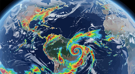 Obraz premium Wizualizacja danych meteorologicznych przedstawiająca potężny huragan nad Oceanem Atlantyckim, symbolizująca globalne zmiany klimatyczne i monitorowanie pogody.