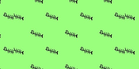 Seamless pattern featuring hand-drawn black fish bone silhouettes on a vibrant light green background, perfect for playful textile designs, stationery, or creative wrapping paper projects.