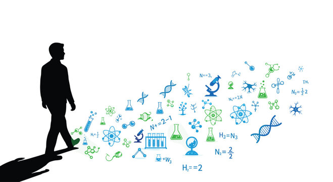A dark silhouette of a man walks forward on a plain white background, leaving a trail of various blue and green scientific icons.