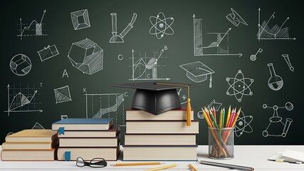 Education Concept with Stack of Books, Graduation Cap, Pencil Holder and Glasses on Desk with Science and Business Chalkboard Doodles, Academic Learning Banner with Copy Space for School Poster 