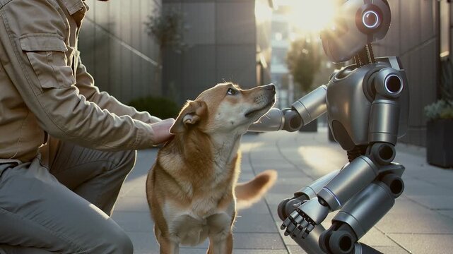 Man and a metallic humanoid robot petting a friendly dog together on a city street. Future of artificial intelligence, animal companionship and technology interaction concept.
