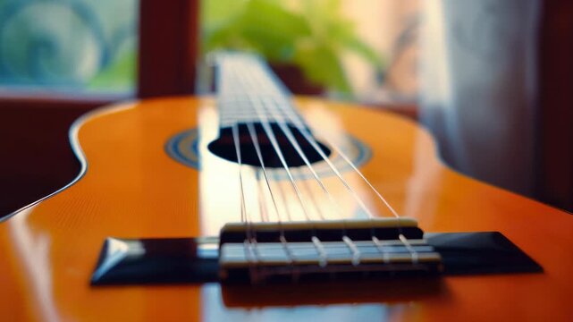 Classical guitar resting on table with soft daylight ambiance