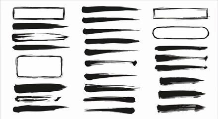 Naklejka premium Zestaw czarnych, ręcznie rysowanych pociągnięć pędzlem i ramek, idealny do projektów graficznych w stylu grunge i artystycznym.