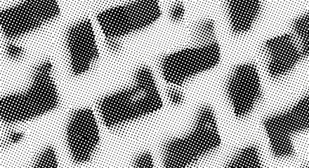 Naklejka premium Abstrakcyjny wzór w czerni i bieli z nieregularnymi, rozmazanymi kształtami z efektem półtonu, idealny na tło lub teksturę.