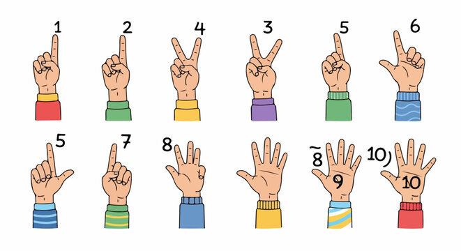 Ręce dziecięce pokazujące cyfry od 1 do 10 gestami palc&oacute;w, doskonała grafika edukacyjna do nauki liczenia.