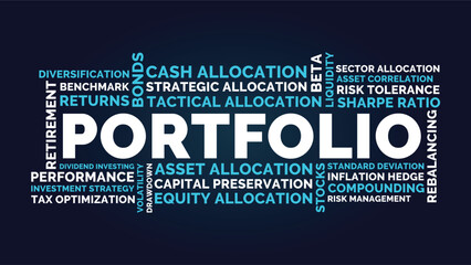 Portfolio Word Cloud Design for Poster, Wall Art, Financial Education Banner, Classroom Decor. Portfolio bold dark finance typography © WordNest