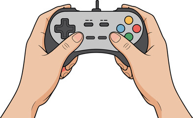 Hands Holding Game Controller in Retro Pop Art Style for Video Gaming and E-sports Concept © Shilpi