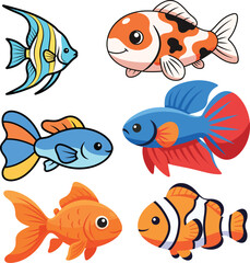Fototapeta premium Cute Tropical Fish Clipart Set, Cartoon Aquarium Fish Collection Isolated on White Background