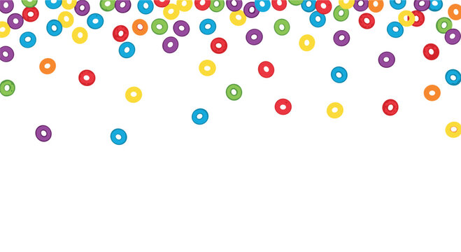 Numerous small, brightly colored cereal rings in a rainbow of hues are depicted falling across the upper portion of a pure white background.