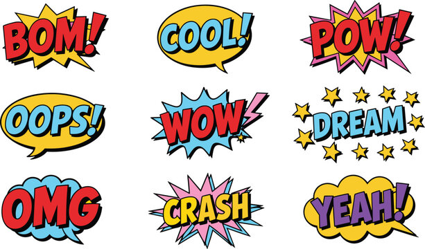 Set of Comic Speech Bubbles and Sound Effects with Retro Pop Art Text WOW OMG and POW Vector