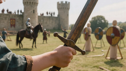 Obraz premium A close-up of the hand of a medieval young page holding a wooden sword while learning knightly warfare. Reenactment of medieval life. Created using generative AI tools