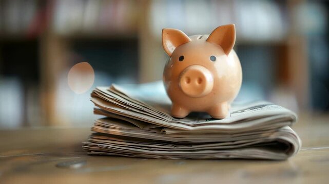 A ceramic piggy bank sits atop a stack of newspapers on a wooden surface with a blurred background