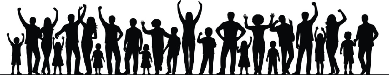 Large group of diverse people and children celebrating together silhouette crowd raising hands community unity happiness concept isolated background