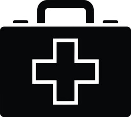 Black and White First Aid Kit Icon with Medical Cross for Healthcare and Emergency Use