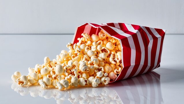 Classic striped bag of popcorn spills creating a playful scene.