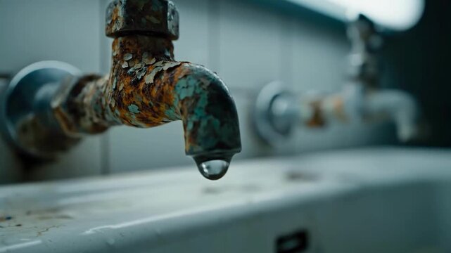 A somber image of rusty, leaky faucets conveys themes of waste, neglect, and resource depletion. Suitable for articles or campaigns on conservation an