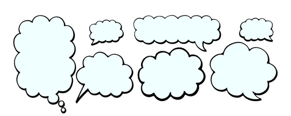 Fototapeta premium Set of Seven Cloud Shaped Comic Speech Bubbles with Handcrafted Manual Outlines and Urban Graffiti Elements for Creative Dialogue.