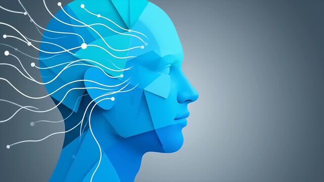 A low-poly 3D human head profile with connecting lines and nodes representing neural networks and artificial intelligence concepts.