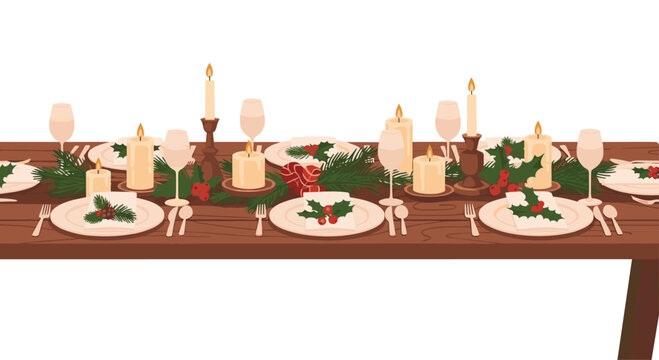 A festive Christmas dinner table is beautifully set with plates, glasses, lit candles, and green holly garlands.