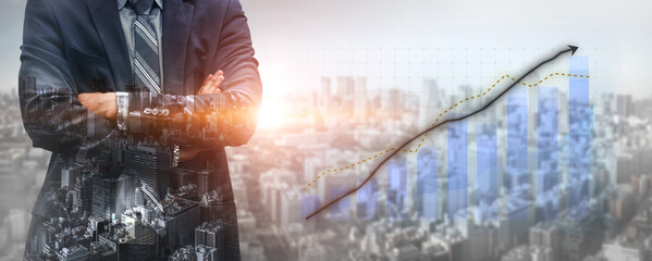 A business professional stands confidently with crossed arms in front of a city skyline, highlighted by an upward trending financial graph, symbolizing growth and success. Impute © InfiniteFlow