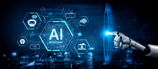 Naklejka premium A generative AI presents itself as a global virtual assistant. This system is designed to provide intelligent user support, manage data, and facilitate communication via chatbots. Fermion