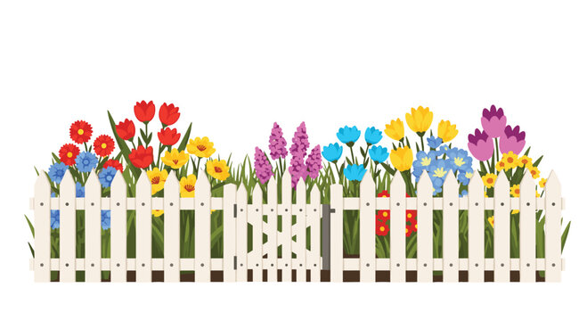 A picturesque white picket fence with an open gate frames a lush garden bursting with a vibrant array of colorful blooming flowers and rich green grass.
