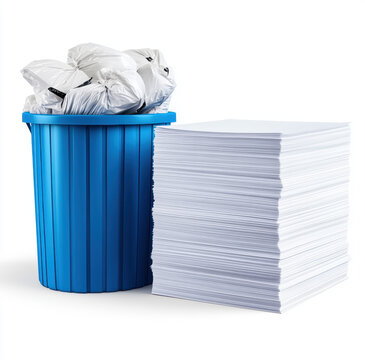 A blue recycling bin full of crumpled paper in an office environment