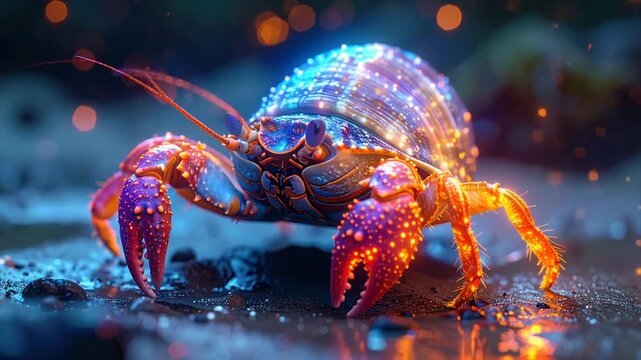 An iridescent crab glows with vibrant colors and light against a blurry background