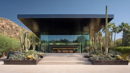Obraz premium Mirrored villa serves as climate refuge in desert landscape with cactus plants Generative AI